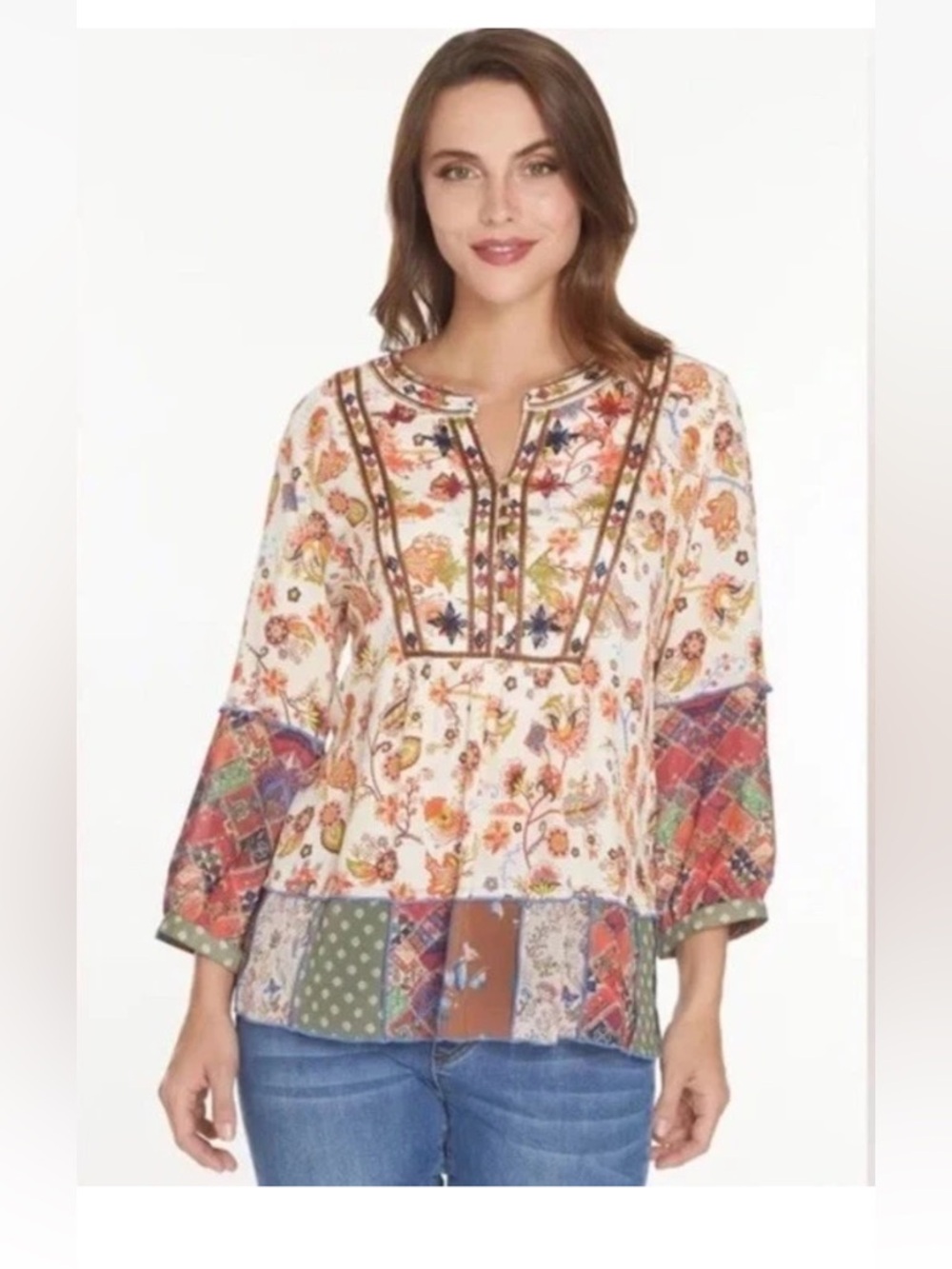 John Mark Top Women’s Size Small Embroidered Floral Button Tunic Blouse Travel
